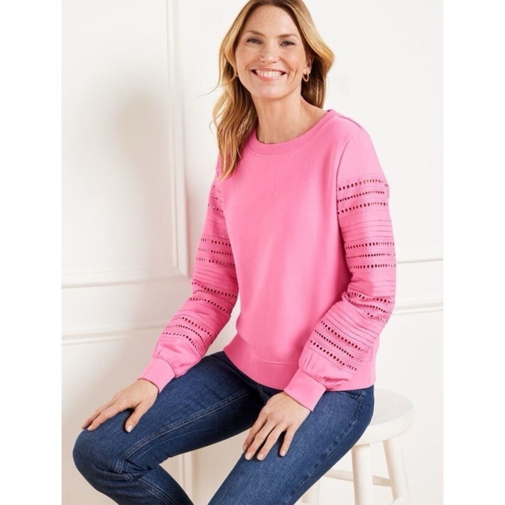 Talbots Women's XL Eyelet Sleeve Sweatshirt Pink Crew Neck Coastal Feminine
